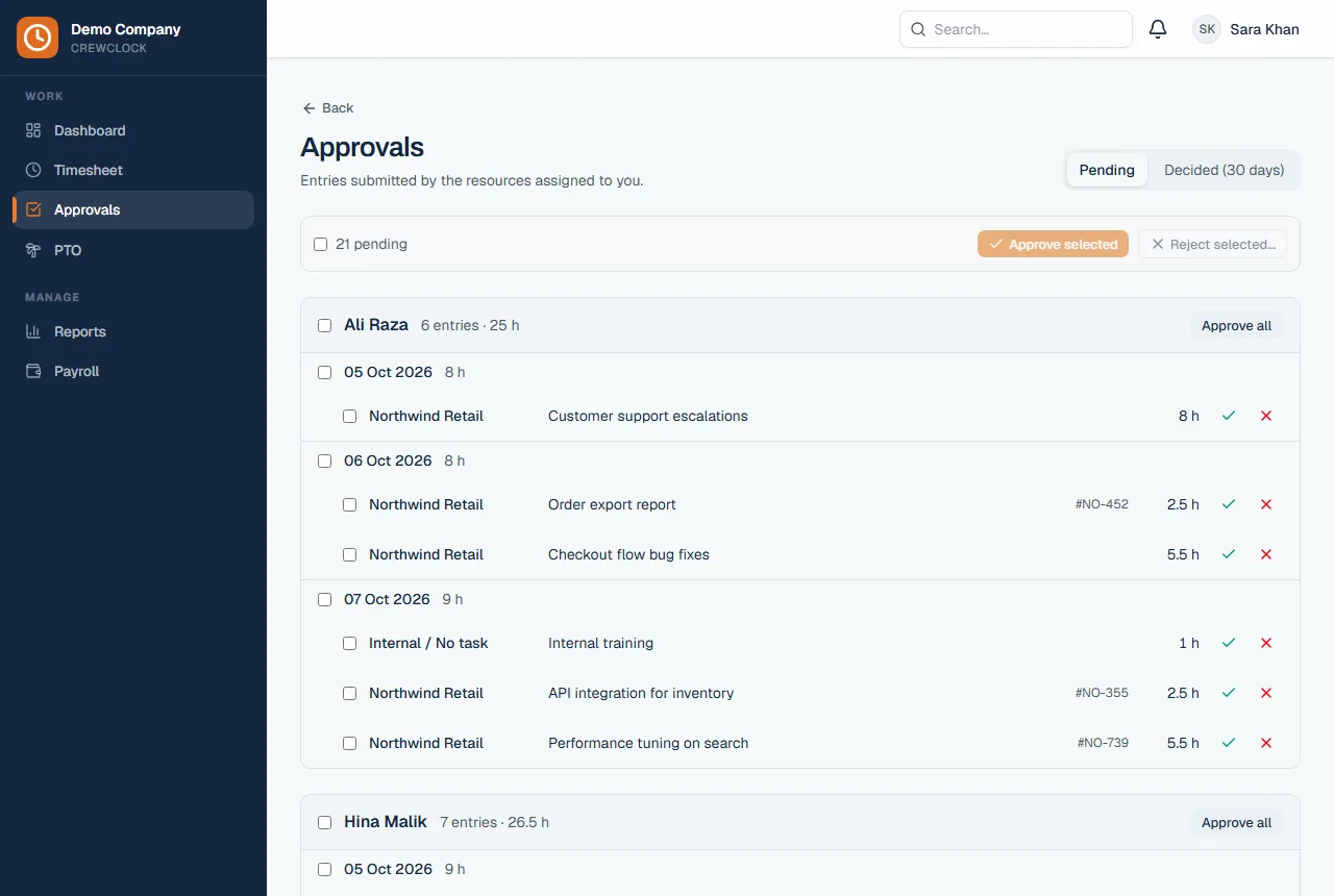 Approvals page with pending entries grouped by person