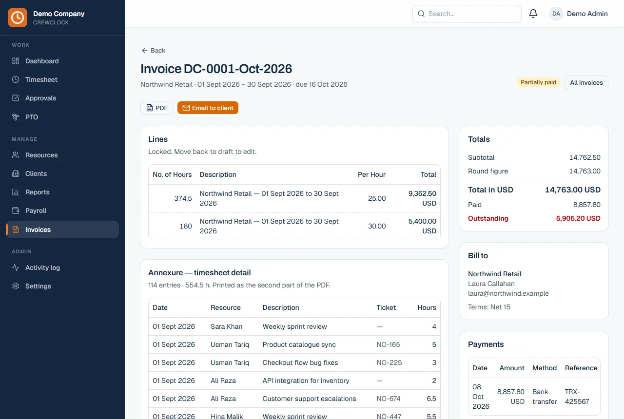 Invoice detail with annexure and payments in CrewClock