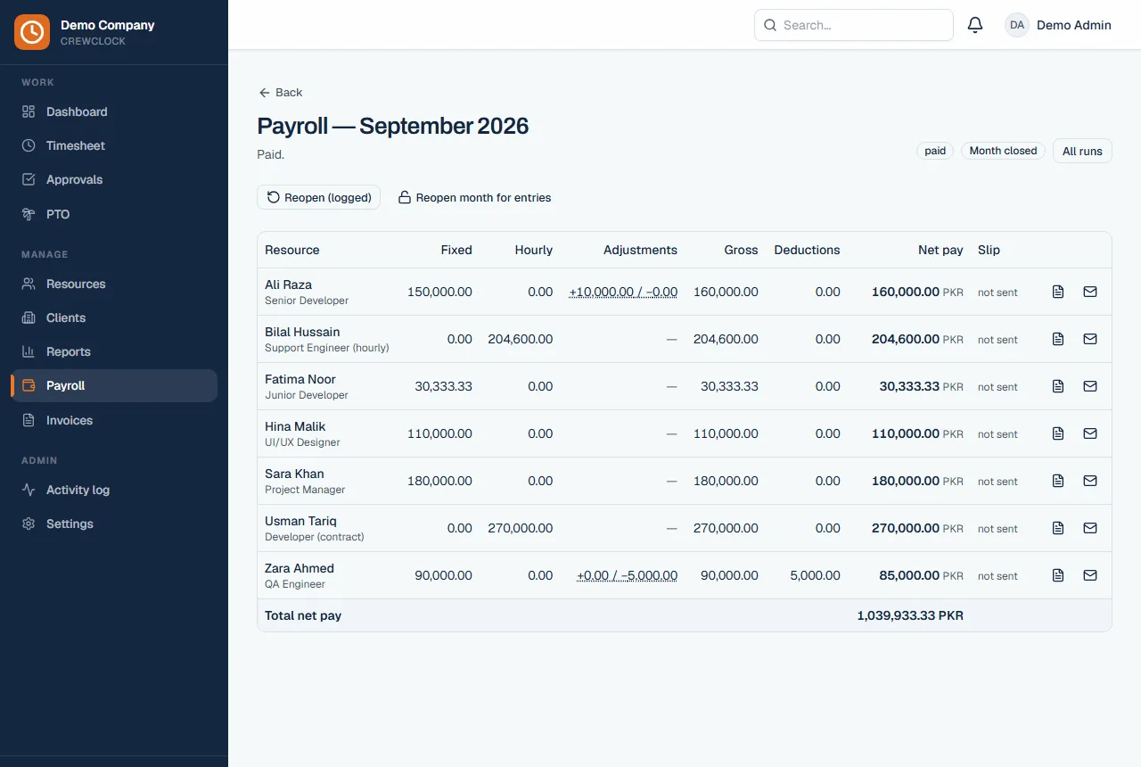 A finalised payroll run in CrewClock
