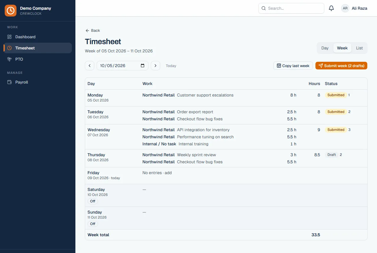 Weekly timesheet view in CrewClock